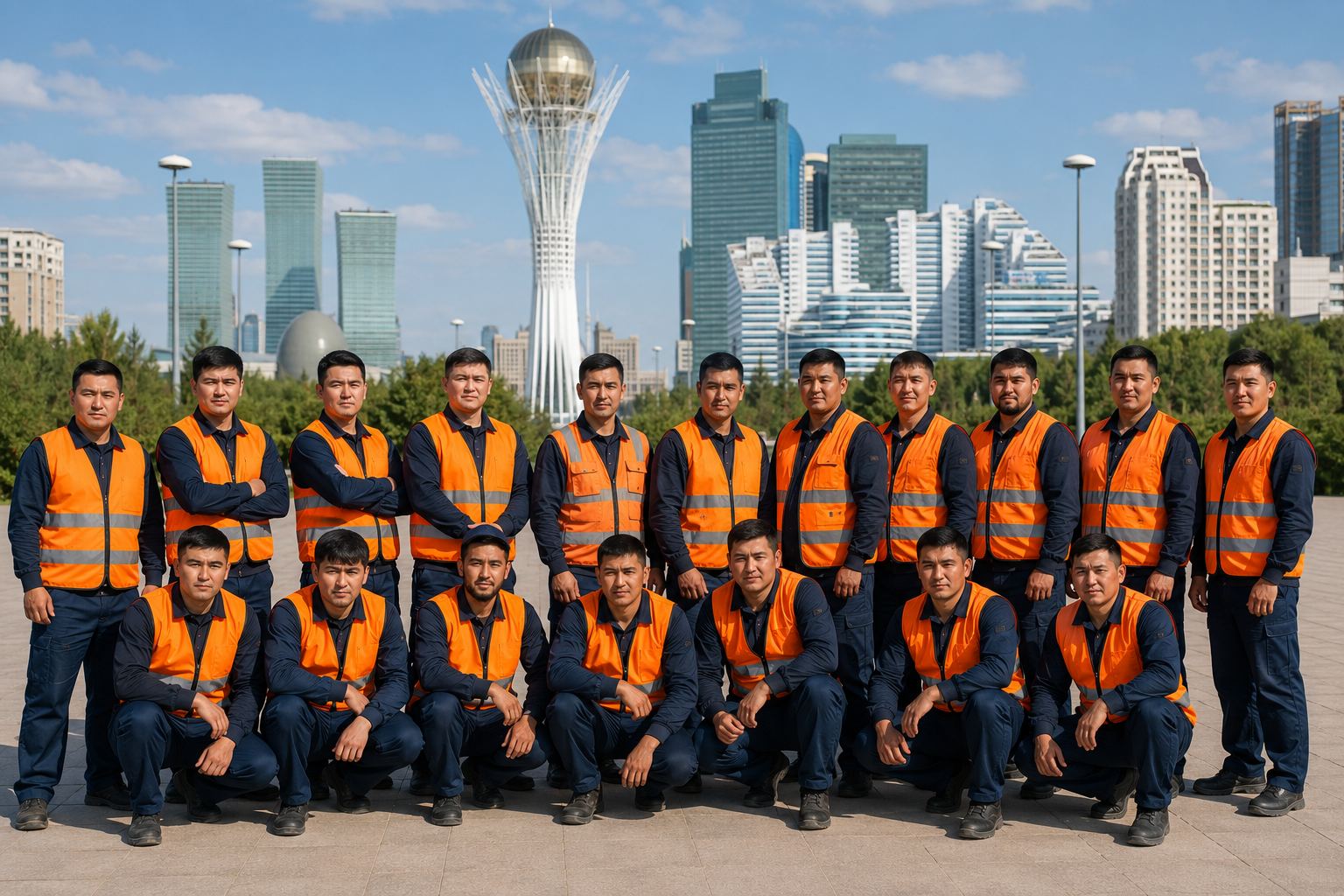 Команда грузчиков в оранжевых жилетах на фоне Астаны.